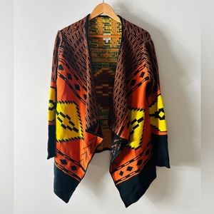 Orange Yellow & Black Tribal Knit Print Waterfall Cardigan Sweater Size M/L